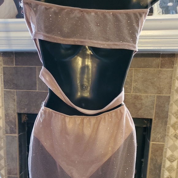 Glittery Champagne Strapless Fashion Nova Bodysuit Dress - Picture 7 of 8